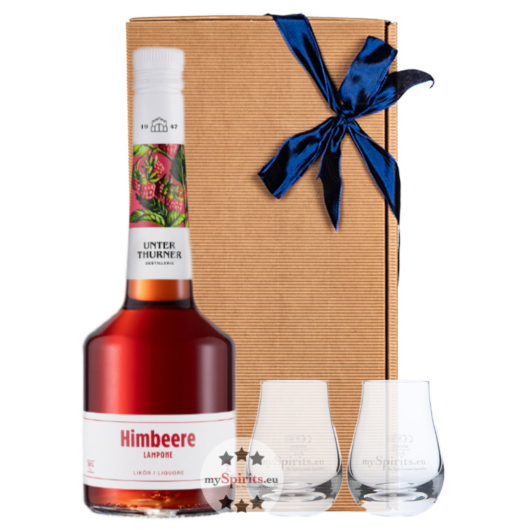 Unterthurner Geschenkset: Waldhimbeere Likör (28 % vol. / 0,7 L) + 2 x mySpirits-Schnapsglas in GP