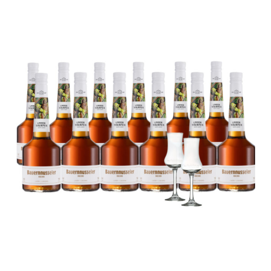 12 x Unterthurner Bauernnusseler Walnuss-Likör mit Grappa / 39 % Vol. / 12 x 0,7 Liter-Flasche & 2 mySpirits-Schnapskelche