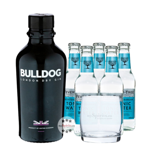 Bulldog Gin (40 % Vol. 0,7 L) & 5 x Fever-Tree Mediterranean Tonic Water (0,2 L) inkl. 0,75 € Pfand + 1 Tumbler-Glas