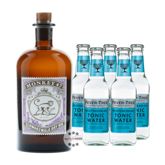 Monkey 47 Gin (47 % Vol. / 0,5 Liter) + 5 x Fever-Tree Mediterranean Tonic (0,2 L) inkl. 0,75 € Pfand