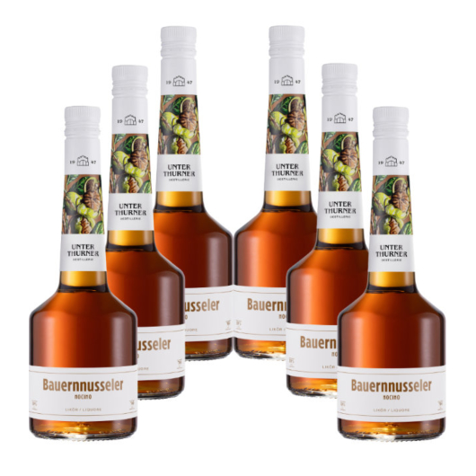 6 x Unterthurner Bauernnusseler Walnuss-Likör mit Grappa / 39 % vol. / 6 x 0,7 Liter-Flasche