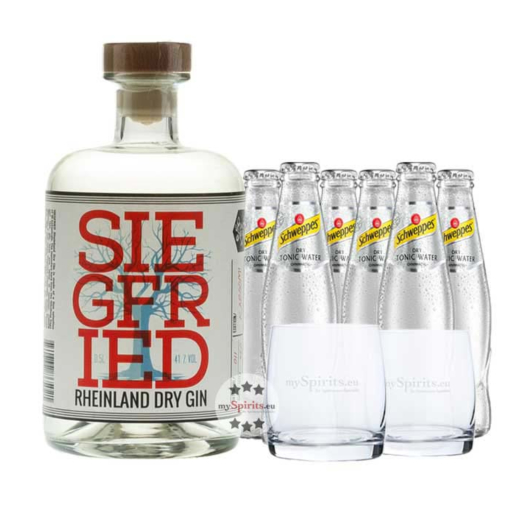 Siegfried Rheinland Dry Gin (41 % vol. / 0,5 Liter) & 6 x Schweppes Dry Tonic Water (0,2 Liter) inkl. 0,60 € Pfand + 2 Tumbler Gläser