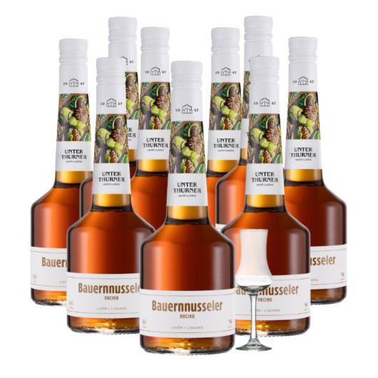 9 x Unterthurner Bauernnusseler / 39 % Vol. / 9 x 0,7 Liter-Flaschen + 1 x gratis mySpirits-Schnapskelch