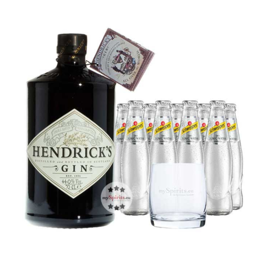 Hendrick’s Gin (44 % vol. / 0,7 Liter) & 9 x Schweppes Dry Tonic Water (0,2 Liter) inkl. 0,90 € Pfand + 1 Tumbler Glas