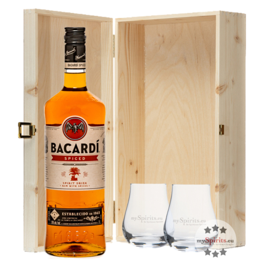 Geschenk-Set: Bacardi Spiced Spirit Drink (35 % Vol. / 1,0 L) + 2 x mySpirits Nosingglas in Holzkiste