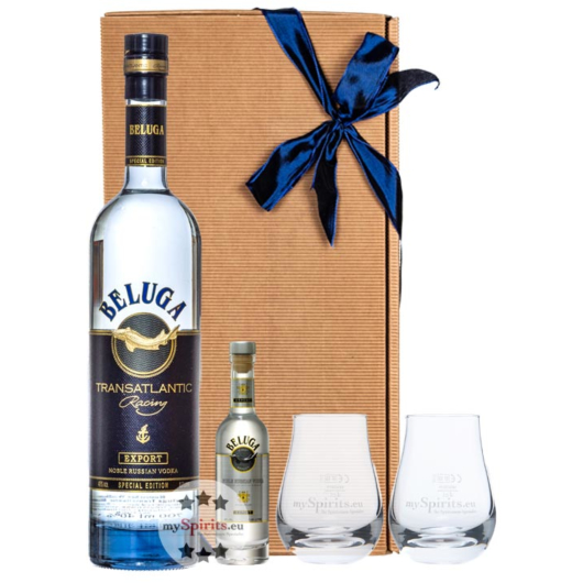 Vodka Geschenkset: Beluga Transatlantic Vodka (0,7l) + Noble Vodka (5cl) + 2 mySpirits kl. Nosingglas