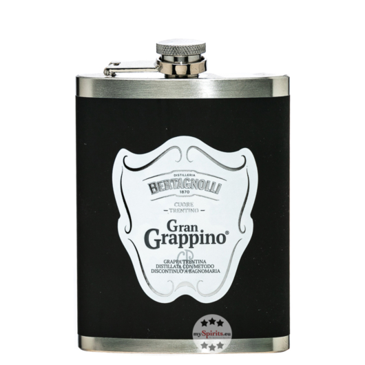 Bertagnolli Flachmann Gran Grappino Bianco Grappa / 42 % vol / 0,2 Liter-Flasche aus Edelstahl