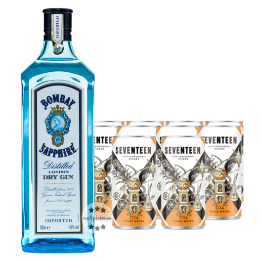 Bombay Sapphire London Dry Gin (40% Vol., 1,0 L) & 10 x 1724 Tonic Water (0,2 L) inkl. 2,50 € Pfand