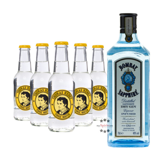 Bombay Sapphire London Dry Gin (40% Vol., 1,0 L) & 5 x Thomas Henry Tonic Water (0,2 L) inkl. 0,75 € Pfand