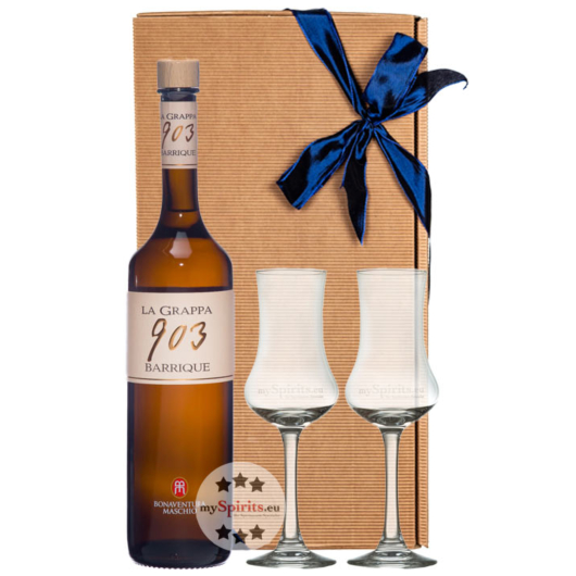 Geschenk-Set: Bonaventura Maschio Grappa 903 Barrique (40 % Vol / 0,7L) + 2x mySpirits Schnapskelch in Geschenkbox