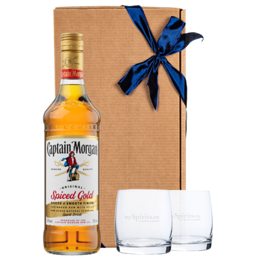 Geschenk-Set: Captain Morgan (35 % Vol. / 0,7 Liter-Flasche) + 2 x mySpirits Tumbler in Geschenkbox