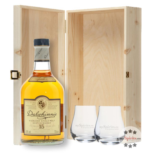 Geschenkset Dalwhinnie 15 Jahre Whisky (43 % Vol. / 0,7 l) mit 2 Nosing-Gläsern in Holzschatulle