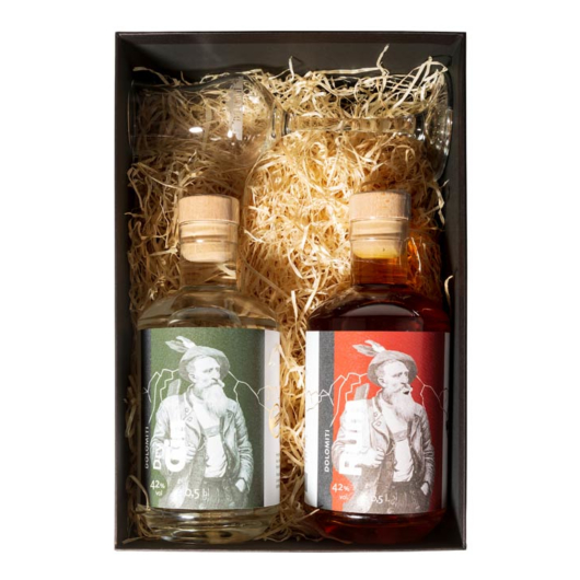 Dolomiti Geschenkset Dry Gin und Rum mit Schnapskelch / 42 % Vol. / 2 x 0,5 Liter-Flasche + 1 x Glas in Geschenkkarton