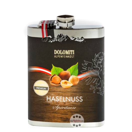 Dolomiti: Flachmann Haselnuss Schnaps / 35 % Vol. / 0,2 Liter-Flasche aus Edelstahl 