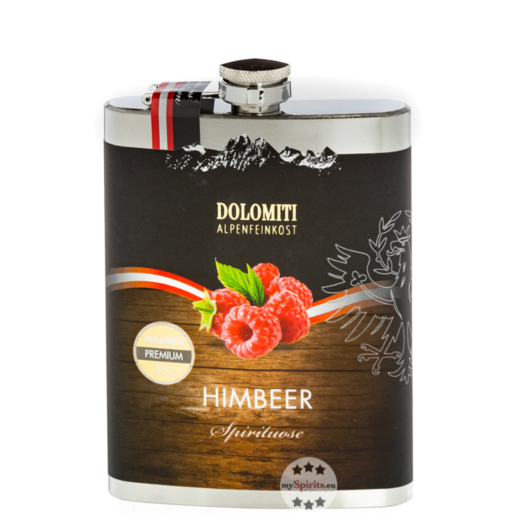 Dolomiti: Flachmann Himbeer Schnaps / 35 % Vol. / 0,2 Liter-Flasche aus Edelstahl 