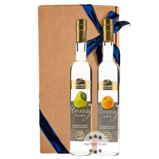 Dolomiti Geschenk-Set Honig Marille & Williams / 35 % vol. / 2 x 0,5 L Flasche in Geschenkschachtel 