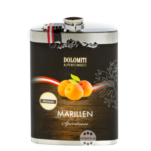 Dolomiti: Flachmann Marillen Schnaps / 35 % Vol. / 0,2 Liter-Flasche aus Edelstahl 