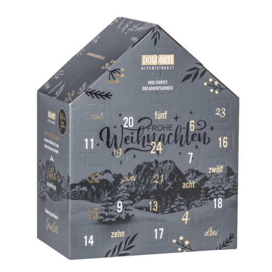 Dolomiti Alpenfeinkost Schnaps Adventskalender 2024 / 16–42 % Vol. / 19 x 0,02 L und 6 x 0,04 L