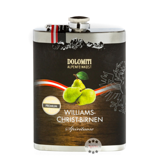 Dolomiti: Flachmann Williams-Schnaps / 35 % Vol. / 0,2 Liter-Flasche aus Edelstahl 