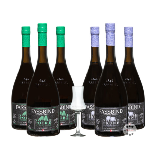 Fassbind: je 3 x Vieille Poire und Vieille Prune / 40 % Vol. / 6 x 0,7 Liter + mySpirits Schnapskelch