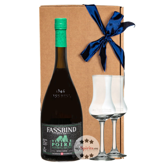 Fassbind Geschenk-Set Vieille Poire Alte Birne 40 % vol. 0,7 l mit 2 mySpirits Kelchgläsern in Box