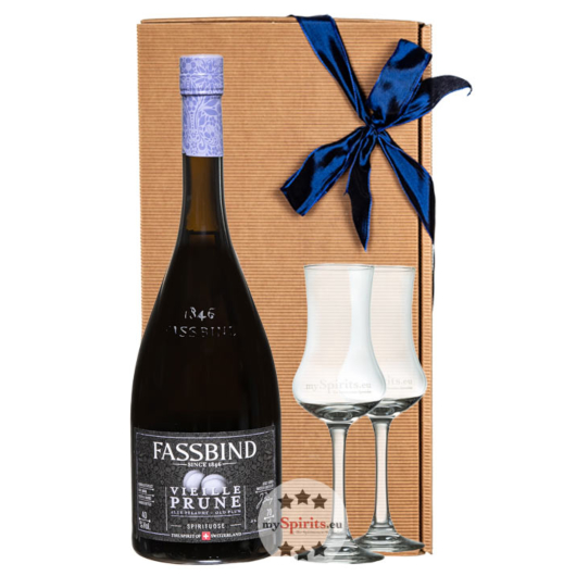 Fassbind Geschenk-Set Vieille Prune Fassbind Alte Pflaume 40 % vol. 0,7 l mit 2 Gläsern in Dekobox