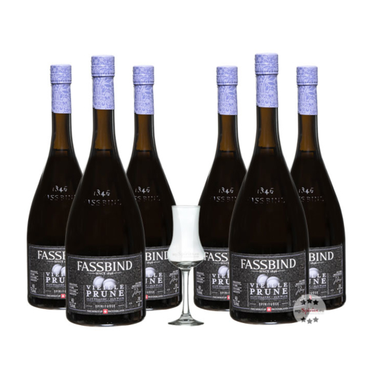 Fassbind: 6 x Alte Pflaume - Vieille Prune / 40 % Vol. / 6 x 0,7 Liter + mySpirits Schnapskelch