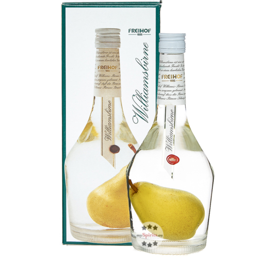 Freihof 1885 Williamsbirne Schnaps in Früchteflasche mit Birne / 40 % Vol. / 0,7 Liter-Flasche in Geschenkbox