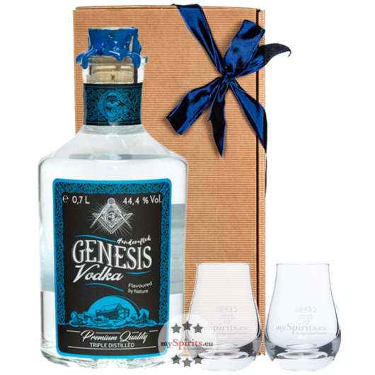 Vodka Geschenkset: Genesis Vodka (44,4 % Vol. / 0,7 l) + 2 kl. mySpirits Nosing-Gläser in Geschenkbox