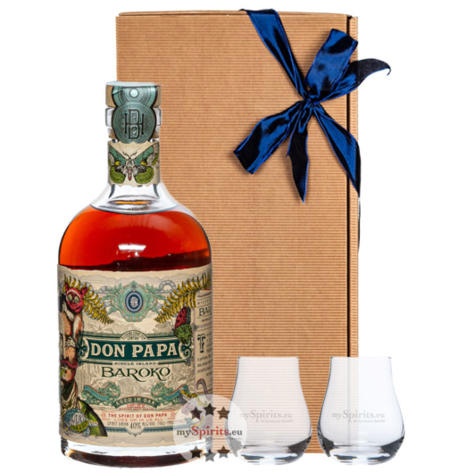 Geschenkset Don Papa Baroko / 40 % vol / 0,7 l + 2x mySpirits Nosing-Glas in Geschenkschachtel