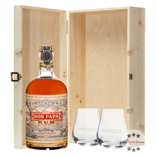 Geschenkbox Don Papa Rum (40 % Vol. / 0,7 l) mit zwei mySpirits Nosing-Gläsern in Holzschatulle