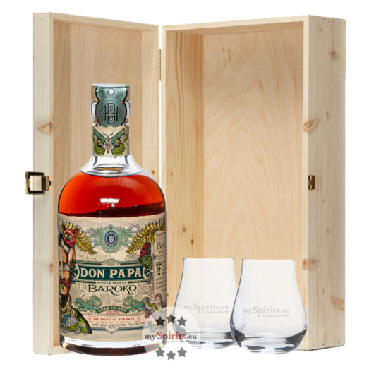 Geschenkset Don Papa Baroko / 40 % vol / 0,7 l + 2 x mySpirits Nosing-Glas in Holzkiste