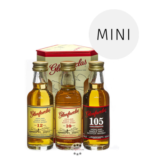 Glenfarclas Miniaturenset 10 YO, 12 YO, 105° Probierset / 40 – 60 % Vol. / 3 x 0,05 Liter-Flasche in Box