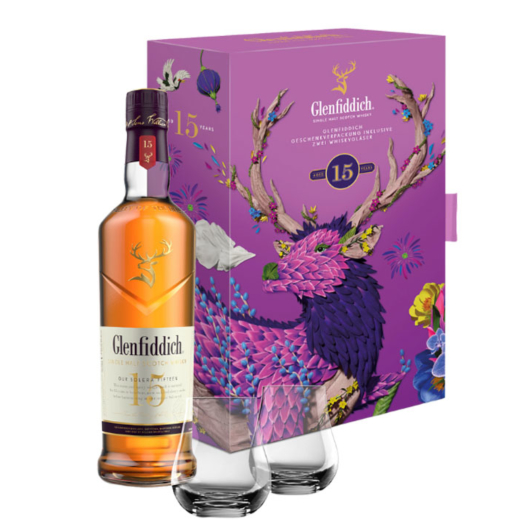 Glenfiddich 15 Jahre Single Malt Scotch Whisky Solera Reserve / 40 % vol / 0,7 l Geschenkset mit 2 Gläsern - AKTION