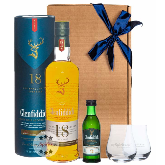 Glenfiddich 18 Whisky (40% Vol / 0,7L) + Glenfiddich 12 Whisky (40% Vol / 0,05L) + 2 x mySpirits Nosingglas in Geschenkbox
