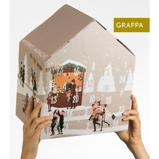 mySpirits Grappa Adventskalender X-Mas Edition / 38-50 % Vol. / 24 x 0,02l mit Glas