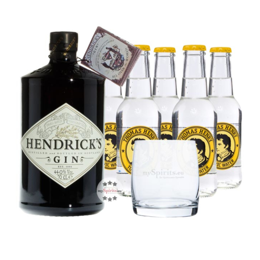 Hendrick's Gin (44 % Vol., 0,7 L) & 5 x Thomas Henry Tonic Water (0,2 L) + 1 Tumbler-Glas inkl. 0,75 € Pfand