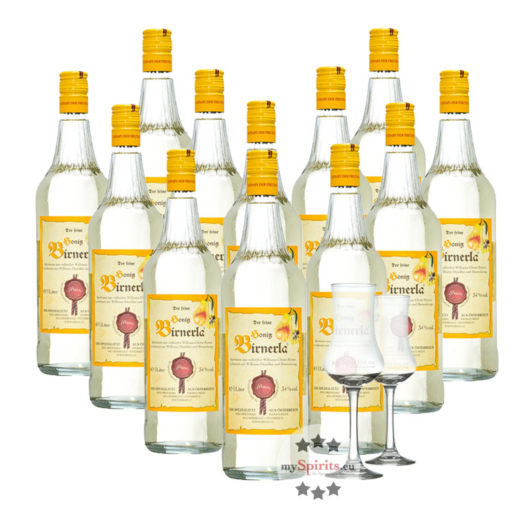 12 x Prinz Honig Birnerla / 34 % Vol. / 12 x 1,0 Liter-Flasche + 2 x gratis mySpirits-Schnapskelch