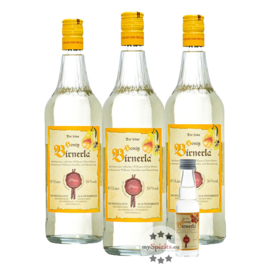 3 x Prinz: Honig Birnerla / 34 % Vol. / 3 x 1,0 Liter + gratis 0,02 L Honig Birnerla Miniatur