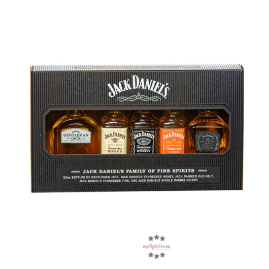 Jack Daniel's „Family of Fine Spirits“ Whiskey-Miniaturen-Probierset / 35 – 45 % vol / 5 x 0,05 Liter in Box