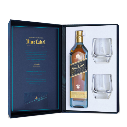 Johnnie Walker Blue Label Whisky Geschenkset mit 2 Gläsern / 40 % vol. / 0,7 Liter-Flasche in Onpack-Geschenkpackung