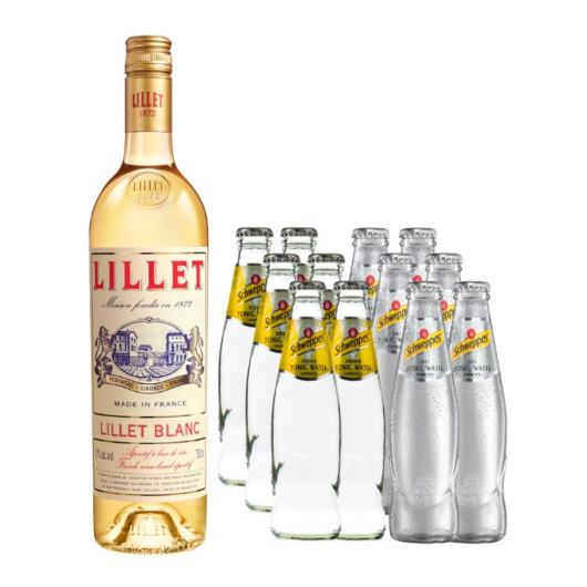 Lillet Vive Set: Lillet Blanc (17 % Vol, 0,75l) + 6 x Schweppes Indian Tonic + 6 x Schweppes Dry (je 0,2l) inkl. 1,20 € Pfand