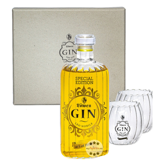 Löwen: Geschenkset Leo Nobile Gin mit 2 Gläsern / 40 % Vol. / 0,35 Liter-Flasche in Geschenkbox