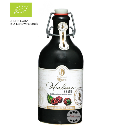 Löwen Himbeerbrand Bio durch Mazeration und Destillation gewonnen / 40 % vol / 0,5 Liter-Flasche