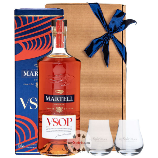 Geschenk-Set: Martell VSOP Cognac (40 % Vol / 0,7L) + 2x mySpirits kleines Nosingglas in Geschenkbox