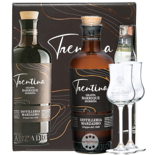 Marzadro Set "Insieme Morbida" La Trentina Morbida + 2 Kelche / 41 % Vol. / 0,5 Liter-Flasche