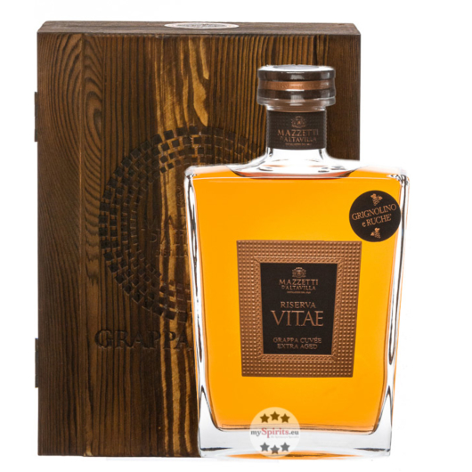 Mazzetti d’Altavilla Riserva Vitae Grappa Cuvée / 43 % Vol. / 0,7 Liter-Flasche in Holzkiste