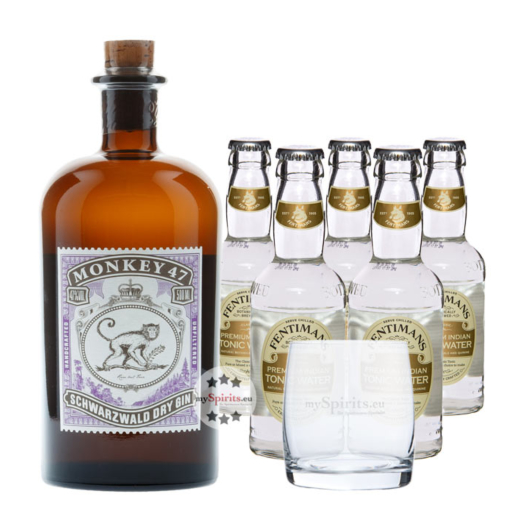 Monkey 47 Dry Gin (47% Vol., 0,5 L) & 5 x Fentimans Tonic Water (0,2L) + 1 Tumbler inkl. 1,25€ Pfand