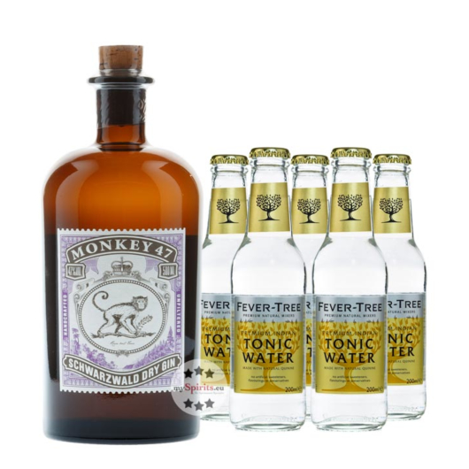 Monkey 47 Dry Gin (47 % vol. / 0,5 Liter) & 5 x Fever-Tree Indian Tonic Water (0,2 Liter) inkl. 0,75 € Pfand