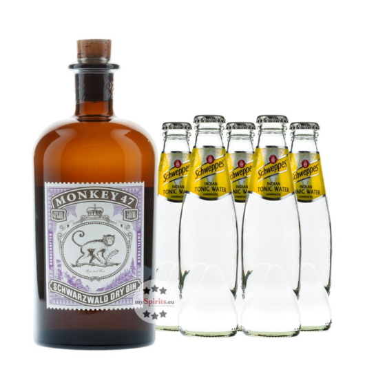 Monkey 47 Dry Gin (47% Vol., 0,5 L) & 5 x Schweppes Indian Tonic Water (0,2 L) inkl. 0,50 € Pfand